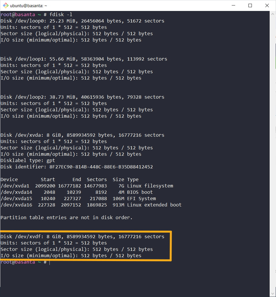 fdisk -l after attach